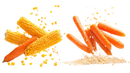 Corn and Carrots Two Separate Piles Placed Side by Side Fresh on White Background