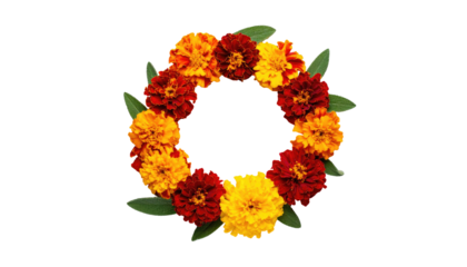 A vibrant ring of colorful blossoms with a mix of red, yellow, and orange hues, accentuated by green leaves, against a stark black background