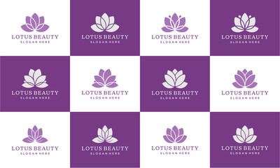 A grid of twelve elegant lotus flower logos for "Lotus Beauty" brand, featuring alternating purple and white backgrounds and various stylized designs.