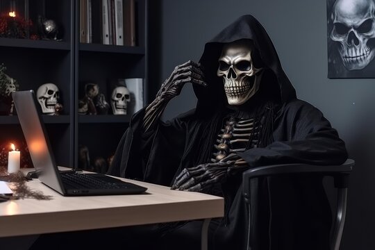 Grim reaper skeleton costume sitting at desk using a laptop