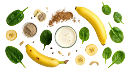 Overhead composition of fresh, healthy ingredients on a black surface. Includes banana, spinach, powder, and smoothie