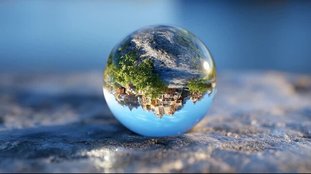 Close-up of crystal ball refraction showing inverted ancient riverside town architecture on textured stone surface