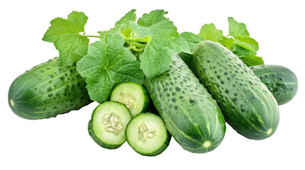 Cucumber Vine Plant with Leaves and Tendrils Beside Cucumber on Transparent Background