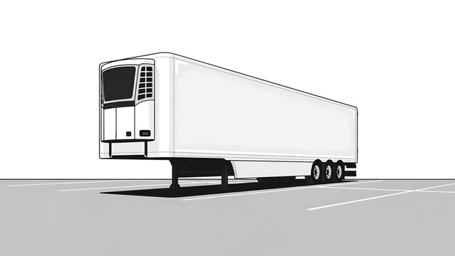 An illustration depicting a large, refrigerated semi-trailer on a white background, parked in a concrete parking area. The trailer casts a long shadow