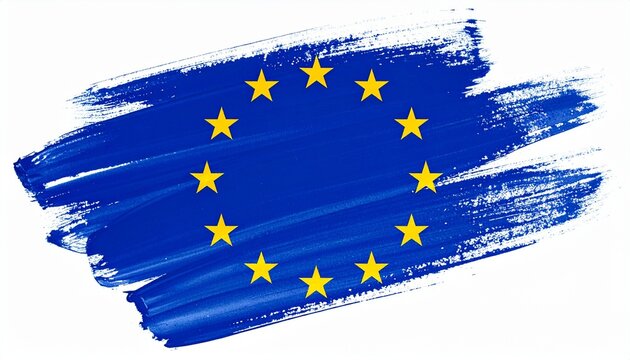 Artistic European Union Flag with Blue Paint Brush Stroke and Gold Stars