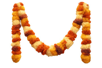 Marigold genda phool garland forming u-shape, traditional indian festival decoration for diwali and puja, transparent background