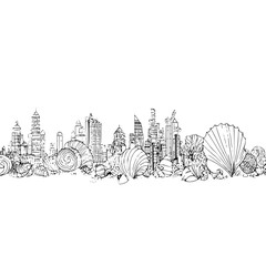Fototapeta premium Cityscape silhouette with seashells and marine life in black and white line art illustration style design