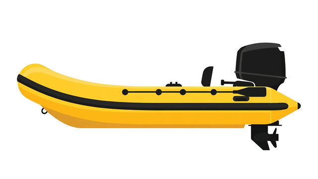 A yellow inflatable boat with a black motor, oar holders, and a black stripe design along the side. It is set against a white background