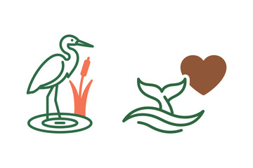 Set of two wildlife conservation line art logo icons a heron in a marsh and a whale tail with a heart