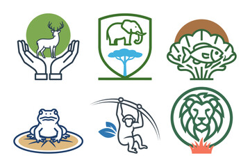 Set of six line art wildlife and nature conservation logo icons including deer elephant fish frog monkey and lion