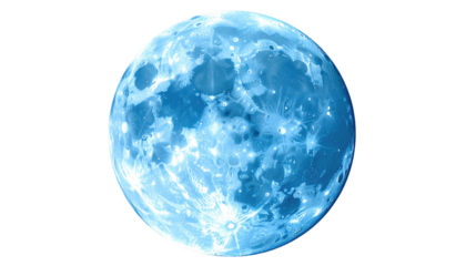 A luminous, icy blue sphere shines against a stark black background. Surface features suggest craters and geological formations. Intense white highlights