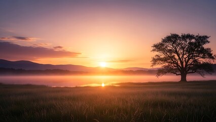 Fototapeta premium Serene Landscape with Tree at Sunset.