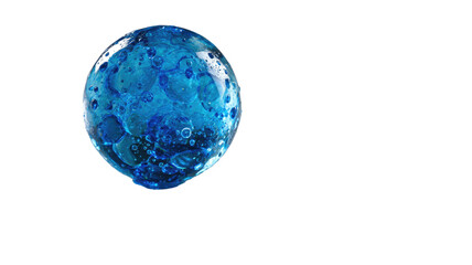 blue liquid glass sphere with trapped bubbles and glossy surface futuristic abstract object isolated on white background
