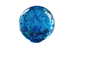 blue liquid glass sphere with trapped bubbles and glossy surface futuristic abstract object isolated on white background