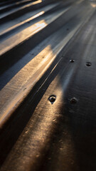 Close-up of a ribbed metallic surface with reflections and shadows.