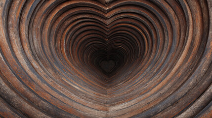 Heart shaped wooden planks form tunnel with concentric layers, creating rustic and romantic atmosphere, perfect for concepts of love, warmth, and nature inspired design