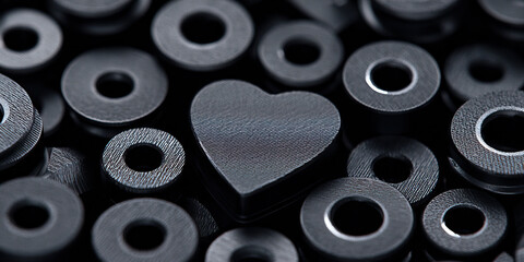 Black industrial components, including heart shaped piece, arranged together, showcasing metallic texture, modern design, and sense of unity and creativity in engineering