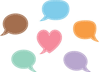 Colorful stitched speech bubble icons with heart shape, cute chat communication and love message flat vector illustration