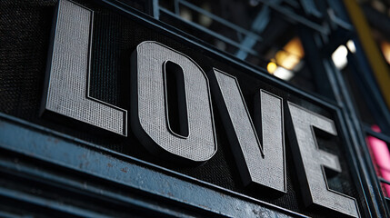 LOVE sign bold metal texture urban background industrial style close up dramatic lighting modern cityscape emotional architectural detail signage steel structure