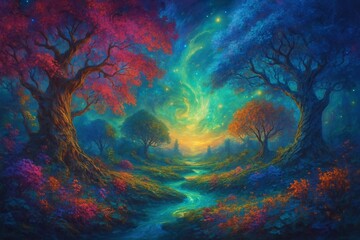 Colorful scene in a forest with vibrant trees and glowing sky during evening time