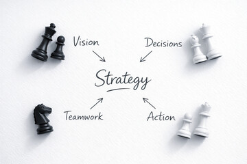 Strategy concept with chess pieces vision decisions teamwork and action written on white background symbolizing planning leadership and business success