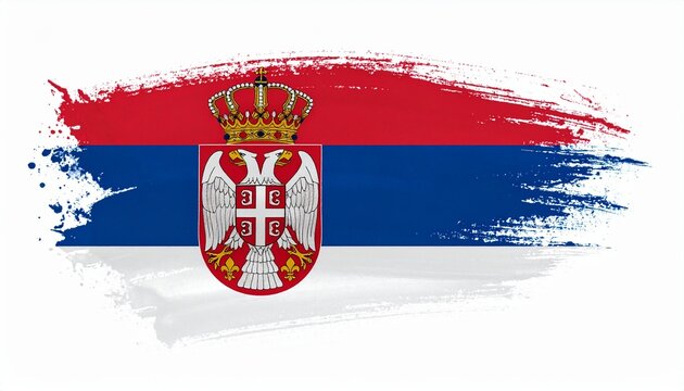 Artistic Serbia Flag with Red Blue and White Paint Brush Strokes and Royal Coat of Arms