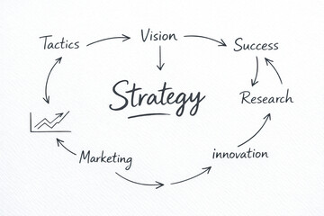 Strategy vision success research innovation marketing and tactics are interconnected concepts in business planning illustrated with circular flow and growth chart conveying motivation