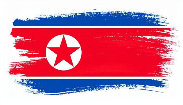 Artistic North Korea Flag with Red White and Blue Paint Brush Strokes and Red Star Symbol
