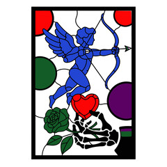 Naklejka premium Vibrant Stained Glass illustration: winged figure aiming bow, heart, rose, colorful shapes on dark backdrop.