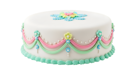 Round White Cake with Pastel Icing Decorations frosting