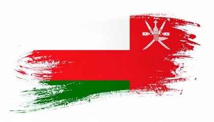 Artistic Oman Flag with Red White and Green Paint Brush Strokes and National Emblem