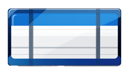 A stylized rectangular object with a glossy surface, featuring stripes in blue and gray, held by parallel darker bars