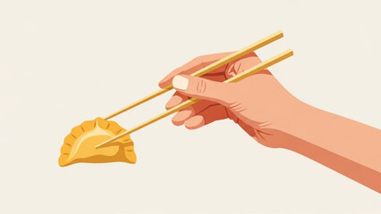 Hand holding a dumpling with chopsticks