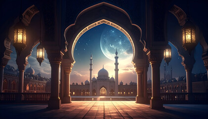 Moonlit Mosque Courtyard Seen Through Arched Pavilion at Dusk