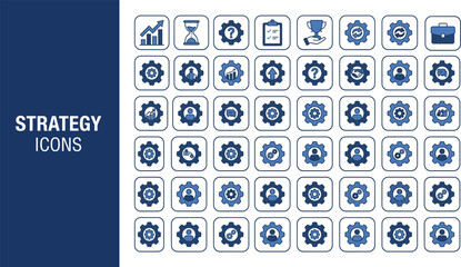 Business strategy icon set featuring professional planning tools financial growth teamwork management and corporate development symbols for creative marketing and analysis