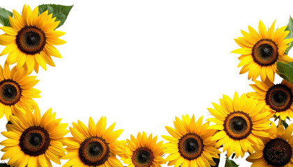 A vibrant semi-circle frame of yellow sunflowers with dark brown centers and green leaves against a black background