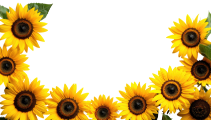 A vibrant semi-circle frame of yellow sunflowers with dark brown centers and green leaves against a black background