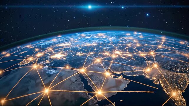 Global digital network connecting planet Earth with glowing data lines and internet technology from space