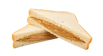 Two peanut butter sandwiches on white bread food snack