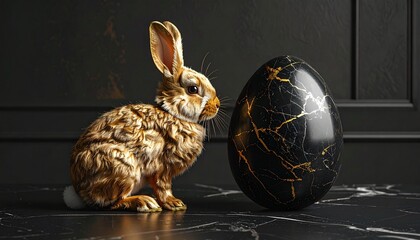 A sophisticated composition of a golden metallic furry rabbit and a black marble Easter egg with gold veins, studio lighting, luxury aesthetic, dark moody background, 3D render style.