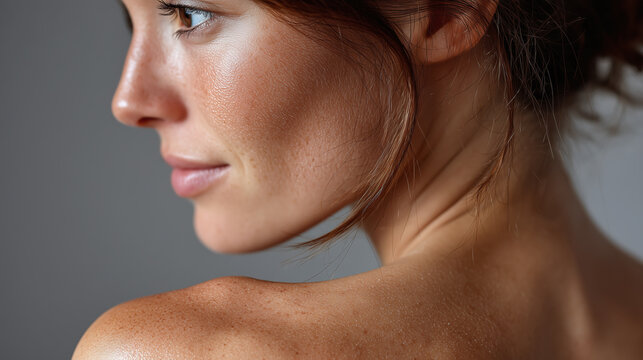 Close up of woman shoulder and side face showing glowing healthy skin with natural texture and moisture under soft lighting