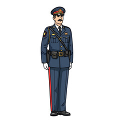 Illustration of a Police Officer in Full Uniform Standing at Attention.