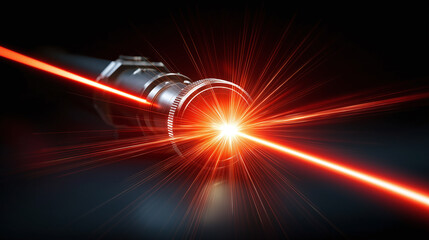 Laser beam emitting from device with bright red light rays and glowing effect in dark background, creating futuristic and intense visual impact