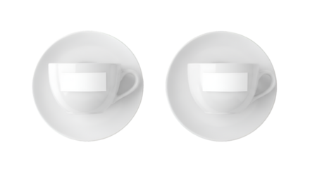 Two White Coffee Cups with Blank Labels on Saucers
