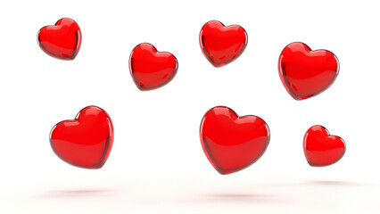 Floating red 3d hearts on white background with shadows. Glossy glass love symbols. Romantic valentine day decoration elements. Horizontal levitating abstract shapes