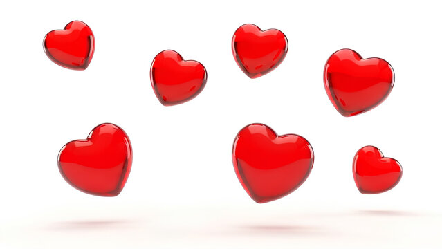 Floating red 3d hearts on white background with shadows. Glossy glass love symbols. Romantic valentine day decoration elements. Horizontal levitating abstract shapes - Powered by Adobe