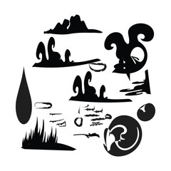 This black and white image displays a collection of abstract, stylized silhouettes and graphic elements. The composition features a mountain-like shape, two prominent horizontal scroll-like forms.