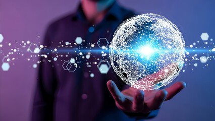 Futuristic Digital Technology Concept with Glowing Holographic Network Globe Over Businessman Hand