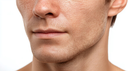 Fototapeta premium Close up portrait of man with uneven skin texture and rough beard stubble on lower face showing natural skin details and facial hair on white background