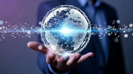 Futuristic Digital Technology Concept with Glowing Holographic Network Globe Over Businessman Hand